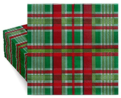 Whaline 100 Stück Weihnachtspapierservietten, Büffelkaromuster, Einweg-Servietten, Weihnachten, rot, grün, kariert, dekorative Servietten für Weihnachten, Urlaub, Abendessen, Partyzubehör, 16,5 x 16,5