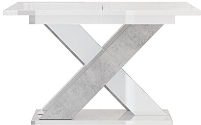 MEBLINI Esstisch Ausziehbar - Esszimmertisch Modern - Küchentisch - Säulentisch - Ausziehtisch - Dining Table - Esszimmertische - 120-160x90x75cm - XAO - Weiß Hochglanz/Betonoptik