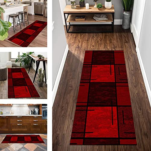 Teppich Läufer Lang Flur Küche rutschfest waschbar Korridor Teppichläufer Rot Polyester 80X400CM Küchenläufer Modern Abstrakt Schlafzimmer Kinderzimmer Wohnzimmer Meterware Teppichmatten Flurläufer