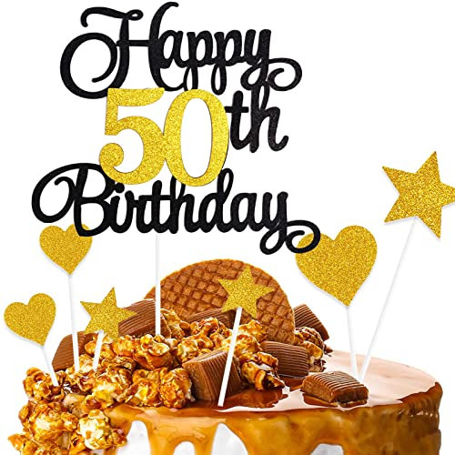 ZHIHUI Tortendeko 50 Geburtstag Schwarz&Golden Junge Mädchen, 7Stück 50.Kuchendeko Geburtstag, Happy 50 Birthday Deko Torte Kuchen Deko Cake Topper für 50 Geburstagstorte Deko Jungen Mädchen Mann Frau