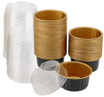 Paquete de 100 tazas de postre con tapas, tazas de aluminio para hornear, mini moldes desechables para magdalenas para bodas, cumpleaños, contenedores individuales de postre, color negro