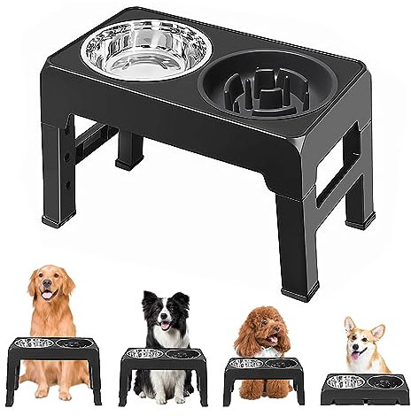 Oziral Gamelle Chien Surélevée, Bol à Alimentation Lente et gamelle en Acier Inoxydable, 4 hauteurs réglables pour Chiens de Petite, Moyenne et Grande Taille Chat