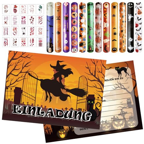 Halloween Party Set: 12 Einladungen, Einladungskarten, Mitgebsel für Kindergeburtstag, 12 Schnapparmband und 20 Tattoos für Kinder