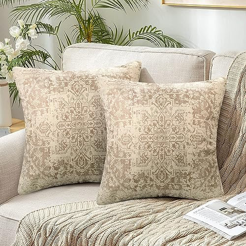 Boho Kissenbezüge 50x50 cm Indische Exotische Muster Kissenhülle Doppelseitig Beige Coffee Square Kissenbezüge Retro Leinenoptik Sofakissen Dekorative für Schlafzimmer Wohnzimmer 2er Set