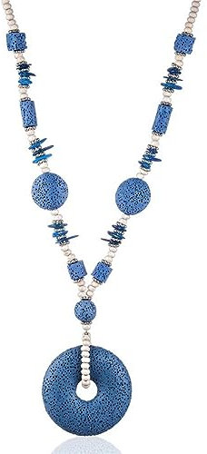 FUSHENGTER Halskette Damen Ketten Anhänger Frauen Geschenk Damen-Halsketten, Farbiger Schmuck, Statement-Halsketten, Anhänger, Lange Ketten Aus Lavastein, Dunkelblau
