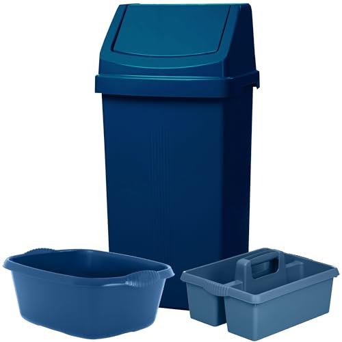 KetoPlastics 3 Piece Kitchen Set - 50L Kitchen Bin with 14L Washing Up Bowl & Large Kitchen Tidy Caddy with Handle For Home Kitchen - Made in UK - Navy