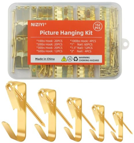 Kit de 152 ganchos para colgar cuadros de 10 libras, 20 libras, 30 libras, 50 libras, 100 libras con clavos, marco de fotos resistente para fotos, pintura, espejo, montaje de arte de pared en paneles