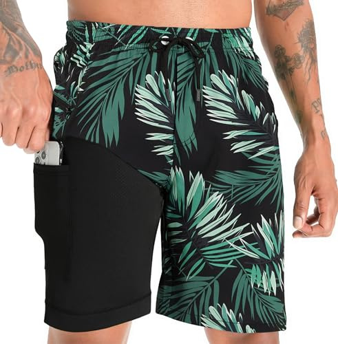 APTRO Herren Badehose Lang mit Kompression Liner Schnelltrocknend Badeshorts Schwimmhose 2 in 1 Badehosen mit Reißverschlusstasche Innenhose Surfen Strandhose