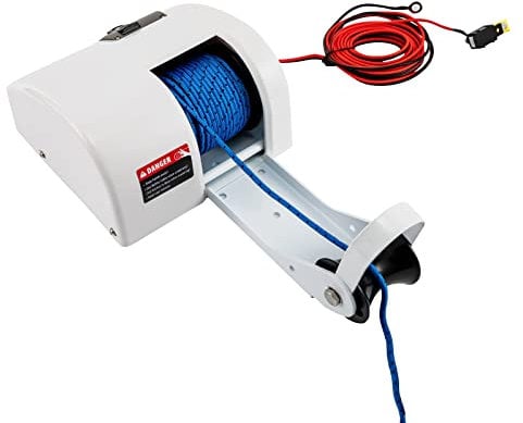 Elektrische Ankerwinde für Boote, 12V, Robustes Ganzstahl-Getriebe, für Anker bis 20,4 kg, Süßwasser und Salzwasser geeignet, Seilwinde Bootszubehör Weiß