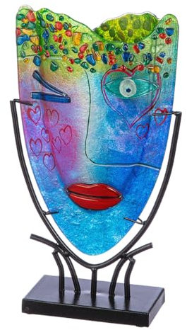 GILDE GLAS art Deko Vase Gesichtsvase - handbemalte Glasvase mit Metall Ständer - Dekoration Wohnzimmer Höhe 38,5 cm mehfarbig