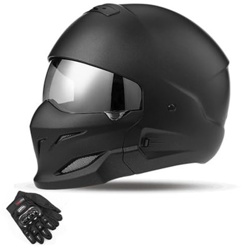 QJWMatic Persönlichkeit Motorradhelm Abnehmbarer Kinnhelm Männer Frauen Retro Street Fighter Kombination Vier Jahreszeiten Helme Mit Handschuhen ECE-Zertifiziert F,XL57-58CM