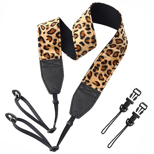Padwa Lifestyle Leopard Print Velvet Camera Strap - 2 Double Layer Full Grain Cowhide Leather Head Camera Straps for Photographers,Unique Soft Velvet Fabric with Quick Release fits all Cameras