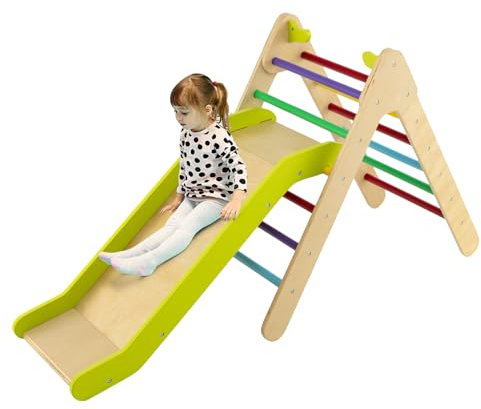 HOMASIS 2 in 1 Kletterdreieck mit Rutsche, Klettergerüst Indoor, verstellbar Kletterspielzeug Kinder Klettern Holz, Kletterleiter Sprossendreieck Spielplatz, Kletterbogen ab 1 Jahren (Bunt)