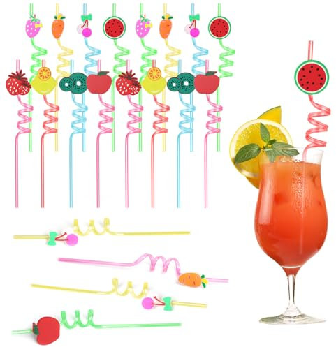 AUAUY Plastic Novelty Straws, 16 Pack Fruit Reusable Drinking Straws, Colorful Curly Hard Plastic Straws, Cartoon Party Straws for Kids Adults Birthday Party Family Reunion Pool Party Decor Supplies