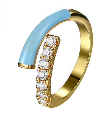 JewelryWe Emaille Ring Damen Knöchelringe: Blau Emaille Süße Preppy Damen-Ring Edelstahl Zirkonia Offene Fingerringe Hypoallergen Verstellbarer Knuckle Pinky Ringe für Frau Mädchen Tochter