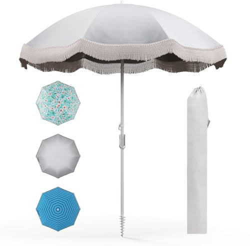 COSTWAY 6.5FT Beach Parasols with Fringe, UPF50+ Sun Protection Sunshade Shelter with Carrying Bag and Push Button Tilt, Outdoor Waterproof Tassel Umbrella for Garden Lawn Poolside (Cream White)
