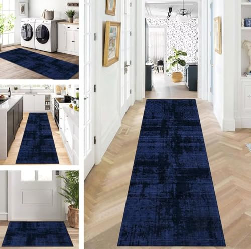 ZUZEKU Läufer Flur Küche Waschbar rutschfest 120X300cm Dunkelblau Lang Küchenteppich Flurteppich Teppich Fur Korridor Wohnzimmer Schlafzimmer Meterware Anpassbar