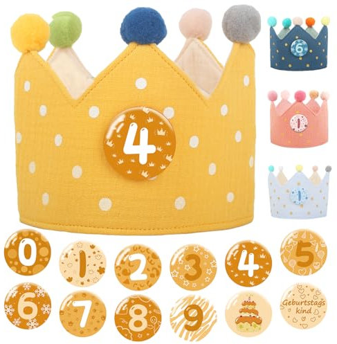 Tutukyle Geburtstagskrone Musselin mit Zahlen Geburtstagskrone Junge & Mädchen Krone Geburtstag Gelb mit Button Zahlen von 0-10 Geburtstagskrone Kinder Party Deko Hut für Kindergeburtstag