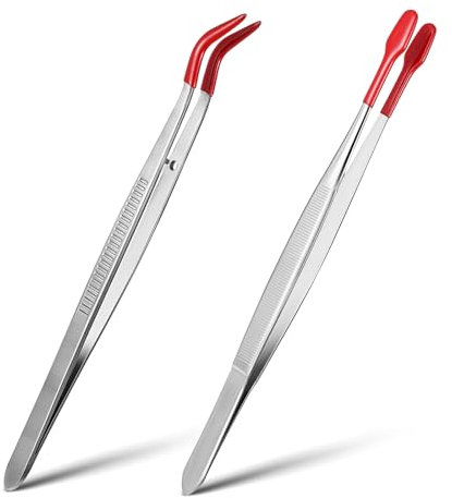 Lot de 2 pinces à épiler avec embouts en caoutchouc – Lot de pinces à épiler à pointe en silicone – Non marquantes, pointes plates, longues pinces pour timbres, bijoux, artisanat, outils industriels
