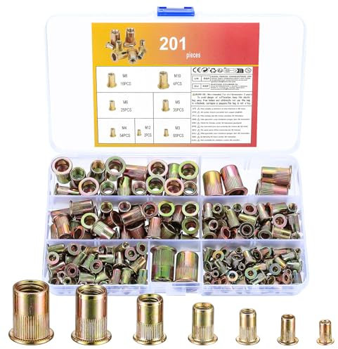 201 STK Nietmuttern M3 M4 M5 M6 M8 M10 M12 Blindnietmuttern Sortiment, Kohlenstoffstahl Gewindenieten Hülsenmutter, Einziehmuttern, Flachkopf Gewindehülse Set für Metall Kunststoff