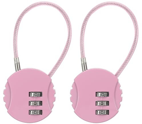 PATIKIL 2 Pack 3 Digit Combination Lock,Round Helmet Padlock Cable Lock Gym Locker Lock with 0.44Ft Flexible Security Steel Lock Wire for Bike Locker Travel Luggage, Pink