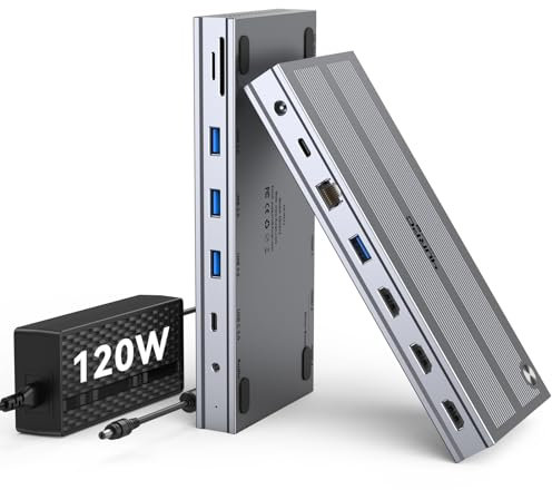 USB C Docking Station 3 Monitors with 120W Power Adapter, 4URPC Displaylink Docking Station 3 HDMI for MacBook/Mac mini M4, Windows, and Chrome with USB C(3 HDMI, 5 USB, Ethernet, SD/microSD)