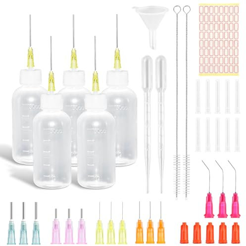 5 Stück Nadelflaschen, 50ml Präzisionsspitzen Applikator Flasche mit 20 Dosiernadeln und 15 Kappen, Nadelspitzen-Kleberflasche, Nadelflaschen-Applikator für DIY Handwerk Nachfüllkleber, Nähmaschinenöl