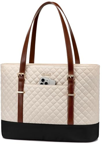 LOVEVOOK Laptoptasche Damen 17,3 Zoll, Handtasche Shopper Business Tasche Aktentasche Lehrertasche mittelgroß, Wasserdicht Notebooktasche Tote Bag für Büro Uni,Schwarz Weiß Braun,L
