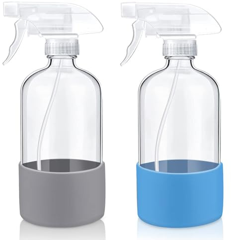 Sadoia 2 Pack Glass Spray Bottles with Adjustable Nozzles - 16 oz Refillable Containers for Cleaning, Hair & Plants (grey-blue)