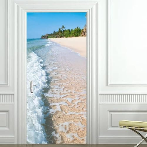 Stickers Porte Trompe L'oeil Plage Poster Pour Porte Paysage de Bord de Mer Papier Peint Autocollant Porte Chambre Décoration Auto Adhésif Imperméable Sticker Porte 80x210 cm 1131a
