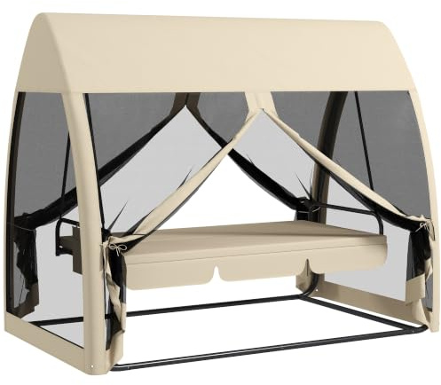 Outsunny 2 in 1 Dondolo da Giardino 3 Posti Convertibile in Letto, Caffè | Dondolo da Esterno, Copertura Anti UV30+, Tasca Laterale, Zanzariera con Cerniera, Portata fino a 300 kg, 240x140x197cm