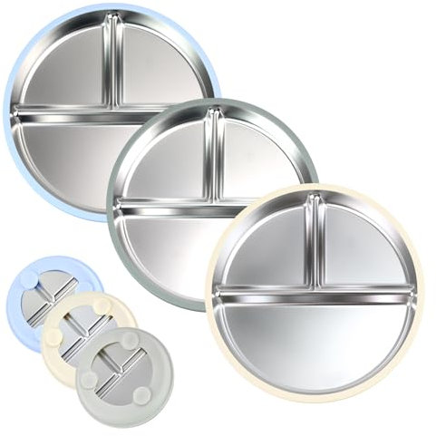 Shimmerz 3 pièces assiettes pour tout-petits en acier inoxydable avec ventouse, assiettes divisées de 9 avec housse amovible en silicone pour bébé, non toxique et sans BPA, vaisselle à goûter