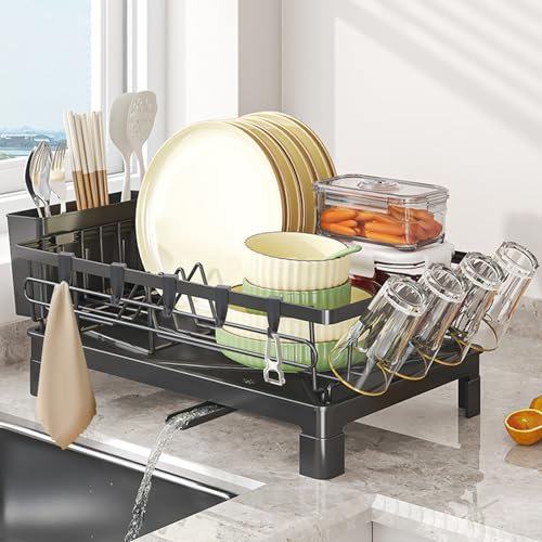 Abtropfgestell geschirr, Geschirrabtropfgestell mit schwenkbarem Auslaufstutzen, Dish drying rack mit einer Abtropfschale, Abtropfgestell edelstahl, Geschirrablage für spüle mit Tassenhaken schwar