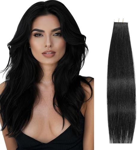 Tape in Hair Extensions Human Hair Echthaar Extensions Seamless Remy Hair Extensions Invisible Straight Tape in Hair Extension Human Hair Glatt Haarverlängerung (1B, 30Zoll(75cm)-50g)