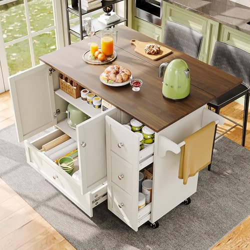Huayz Küchenwagen, Kücheninsel, Servierwagen mit Arbeitsplatte klappbar, Küchenschrank, Buffetschrank mit Gewürzregal, Esswagen Anrichte mit Rollen und Verstellbare Trennwände,128x40x92.5 cm