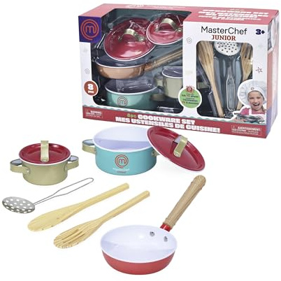 MasterChef Junior Metal Multi Set - Set de 8 Accesorios de Cocina de Metal y Madera, Incluye Ollas, Sartén, Espumadera y Cucharas, Realismo y Diversión para Cocinando, Famosa (MTE05000)