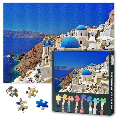 Jigsaw Puzzles 1000 Piece for Adults - Santorini Greece Landscapes: White & Blue Island Village, Aegean Sea Panoramic Art Puzzle, Premium Puzzle Board - 27.5x19.7 in