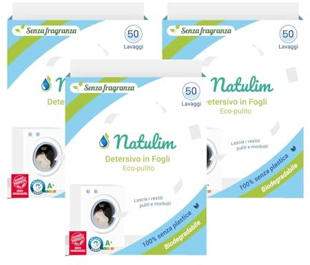 Natulim - Detergente en Tiras para Lavadora (150 Lavados) - Incluye efecto Suavizante, Ecológico, Hipoalergénico, Made in Spain - Ropa limpia y suave sin ensuciar el Planeta (Sin Fragancia) - 3 Pack