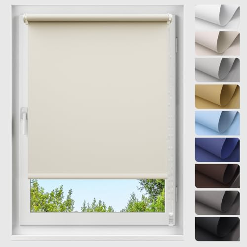 Allesin Verdunklungsrollo ohne Bohren, Creme B105 x H120cm (Stoffbreite 105 cm), Thermorollo Klemmrollo, 100% Verdunkelung, Wärmeschutz, UV-Schutz, Sichtschutz für Fenster und Balkontür