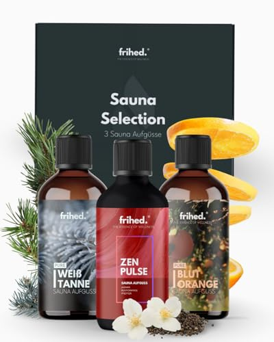 frihed.® Saunaaufguss Set Weltreise - Saunaöl Aufguss Set mit Weißtanne, Jasmin, Pfeffer & Blutorange - Geschenkset Sauna für Männer & Frauen - 3x 100 ml - Made in Lüneburg