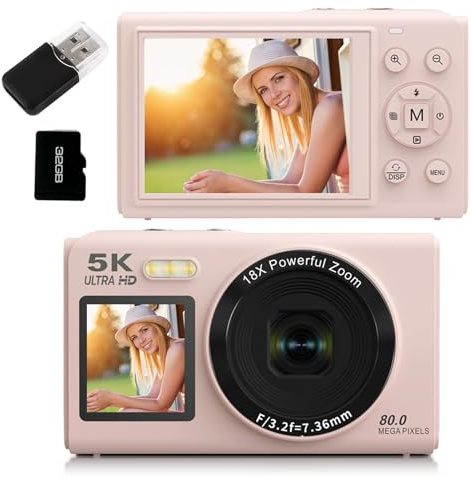 Digitalkamera, 5K 80MP Dual-Screen-Kamera mit 18-fachem Zoom, 7,1 cm Display, WiFi-Transfer, Vlogging-Recorder für Studenten, Reisende (Pink 32G)