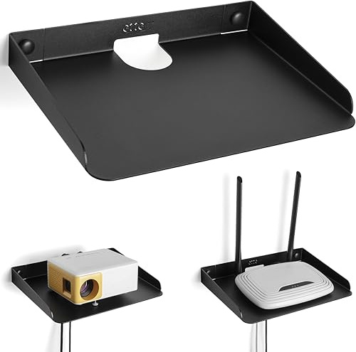 etterr | Mensola per router WiFi e modem • Mensola da parete con passacavi e bordi rialzati • Mensola in metallo per proiettore e altoparlante • Scaffale galleggiante organizer per cavi, ripetitore e