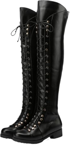 OTMYIGO Stivali Alti Fino al Ginocchio da Donna con Lacci, Stivali da Equitazione in Pelle PU con Stivale Lungo e Piatto,Nero,40