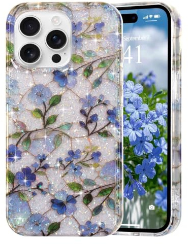 Ethanger Gorgeous Flower Case for iPhone 14 Pro Max, Orchid | Floral Glass Stained Design, Aesthetic Artistic Retro Cover, Glitter Phone Case, Shockproof Protective Case for Women