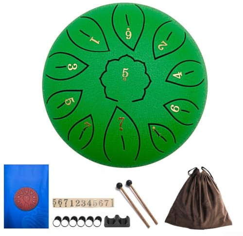 Spirituelle Trommel, tragbar, 15,2 cm, Stahlzungentrommel, 11 Noten, C-Schlüssel, Musikinstrument, perfekt für Meditation, Yoga, Entspannung (grün)