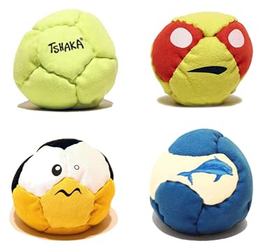 Tshaka Sortiment Nr. 1 – 4 Jonglierbälle & Footbag – Geschicklichkeitsspiel Freestyle und Motorik – weicher Ball, Füllung aus recyceltem Kunststoff – für drinnen und draußen