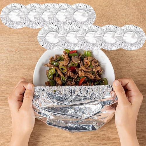 Foil Food Covers Elasticated – Heat-Resistant Aluminium Foil Covers for Food, Reusable & Hygienic, Safe for Keeping Kitchen Bowls, Pots and Food Fresh (100 PCS)