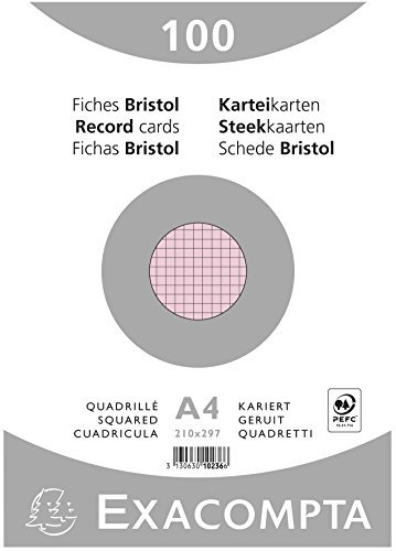 Exacompta - Réf. 10236E - Paquet de 100 fiches bristol quadrillées 5x5 non perforées - sous film - compatibles avec imprimante jet d'encre, laser et photocopieur - format 210 x 297 mm - couleur rose