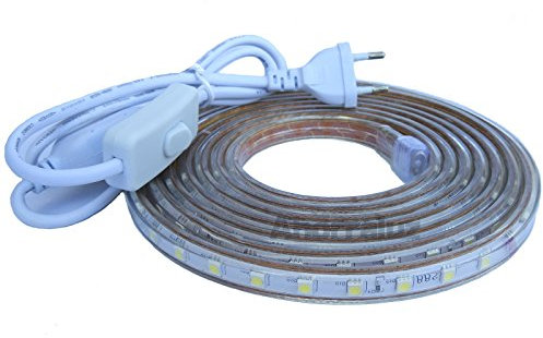 Tira Led de 220v 5050 IMPERMEABLE Blanco Frío o Cálido Waterproof IP67 strip (Blanco Cálido, 1 Metro + Enchufe)