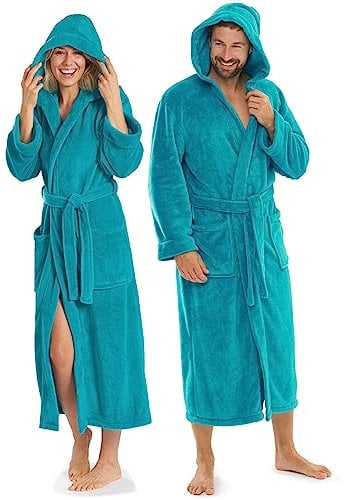 aqua-textil XS-XXXL Bademantel Kapuze Uni lang aufgesetzte Taschen Damen Herren Unisex Mikrofaser Kuschelfleece Morgenmantel, Sauna, Spa, Pool, Bad, flauschig und komfortabel - OEKO-TEX Malibu